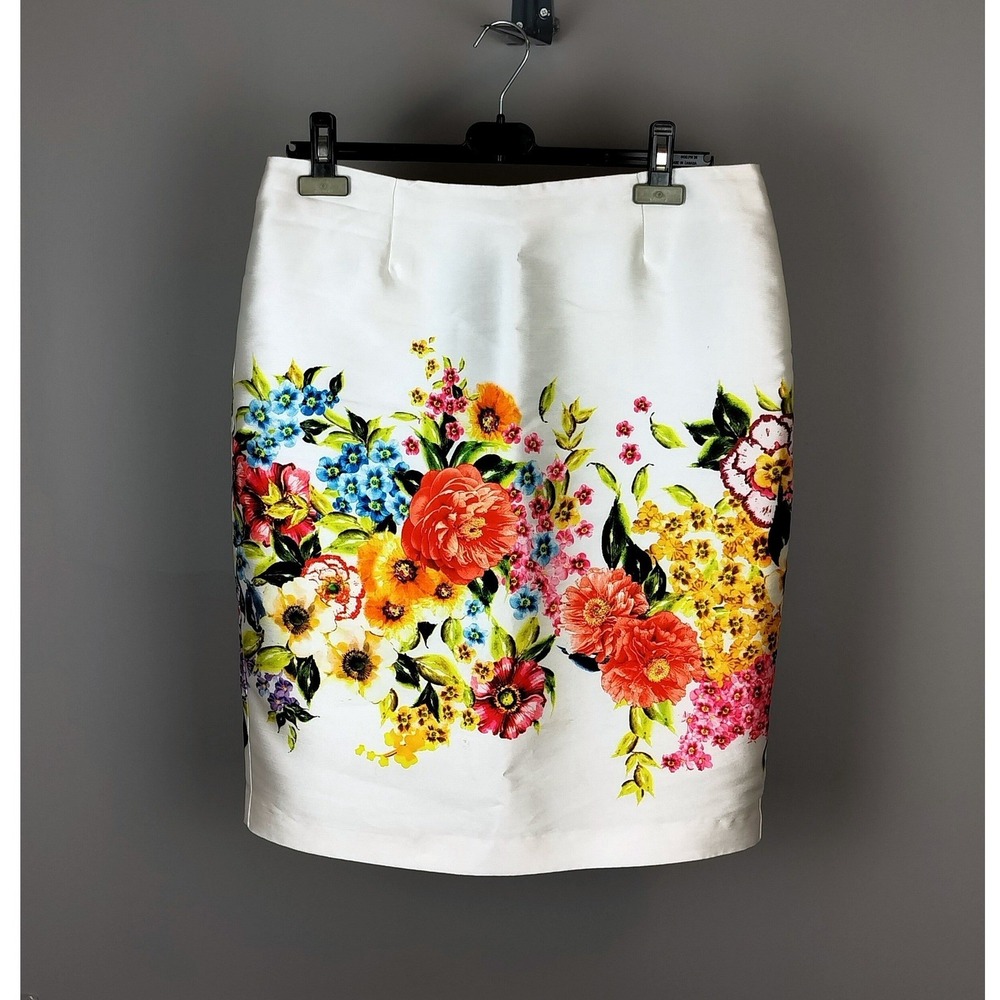 Sandra Angelazzi Floral Satin Tailored Pencil Skirt Size Large White Multi Color